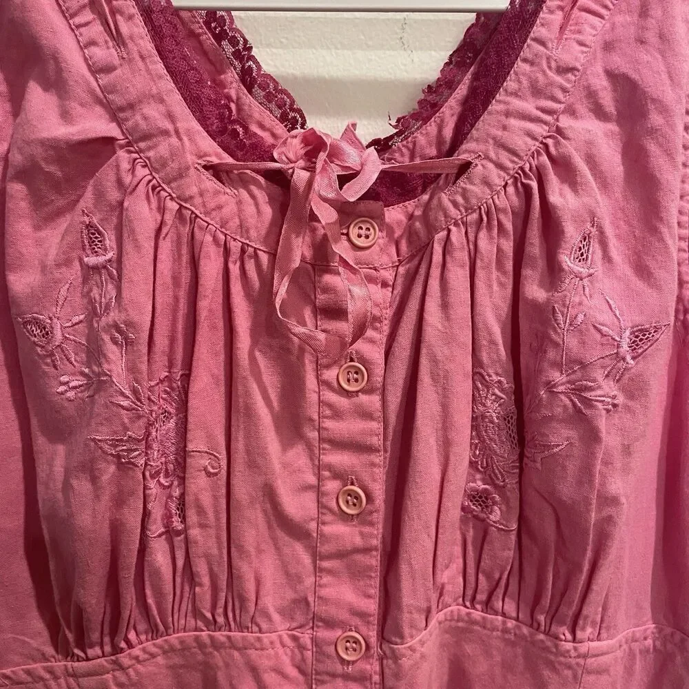 Vtg Pink Coquette Pink Lace Cotton Dress Lingerie Small Button Sweetheart Tiered - Picture 8 of 14